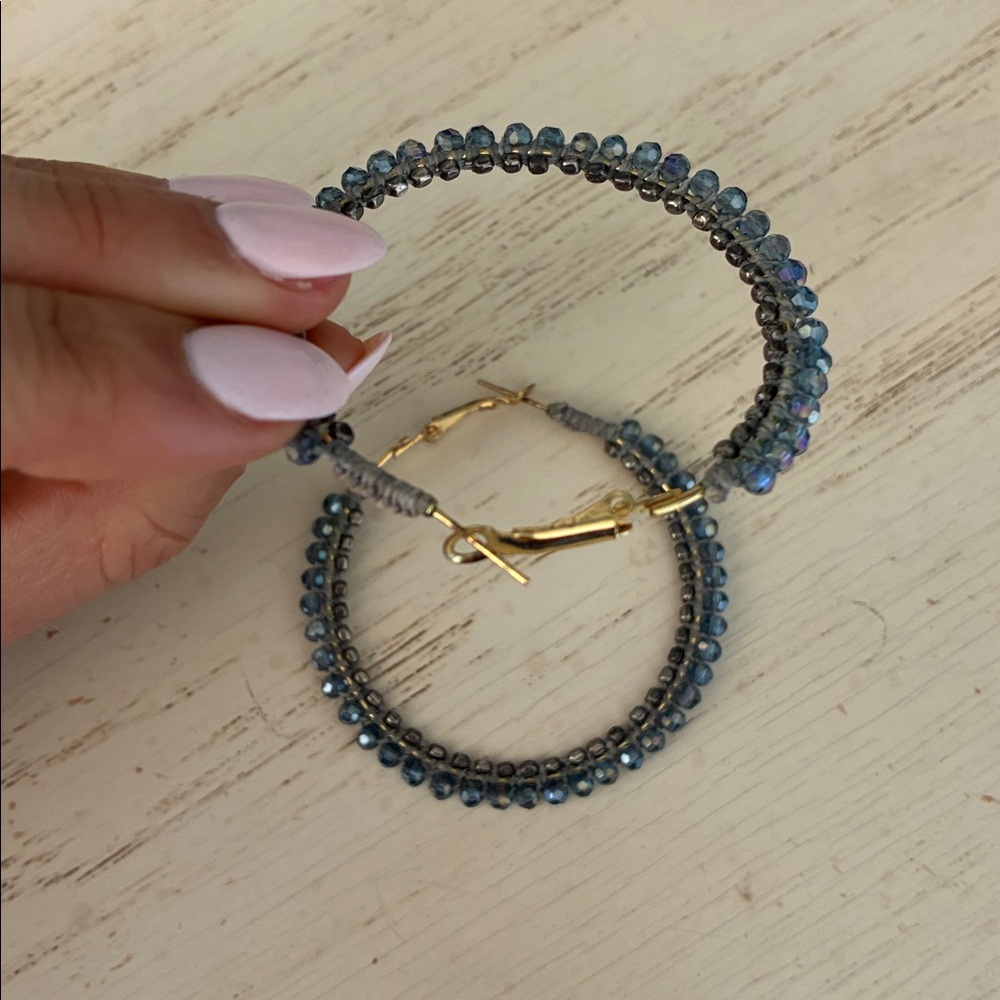 Elegant Gold and Blue Beaded Wrap Hoop Earrings - Picture 2 of 3